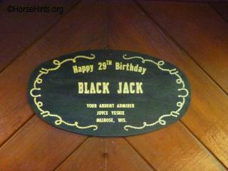 Blackjack's 29th birthday commemoration plaque in the stable of Ft. Myer